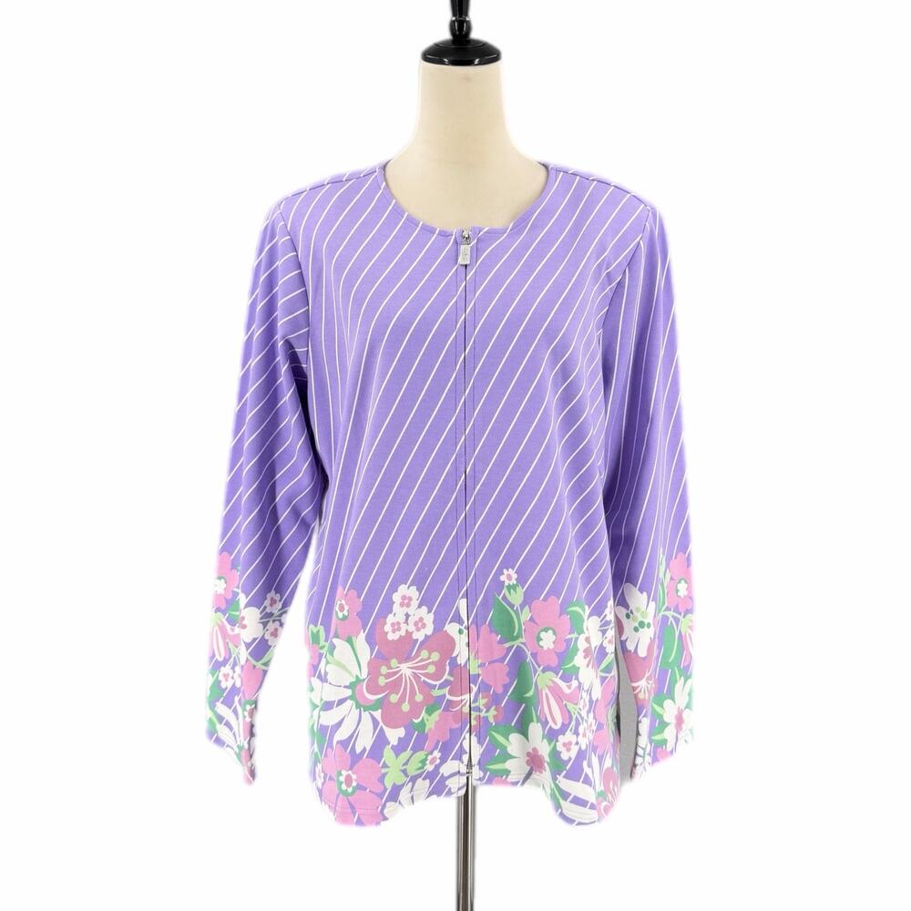 Bob Mackie QVC NEW Lavender White Striped Floral Spring Full Zip Easter Jacket